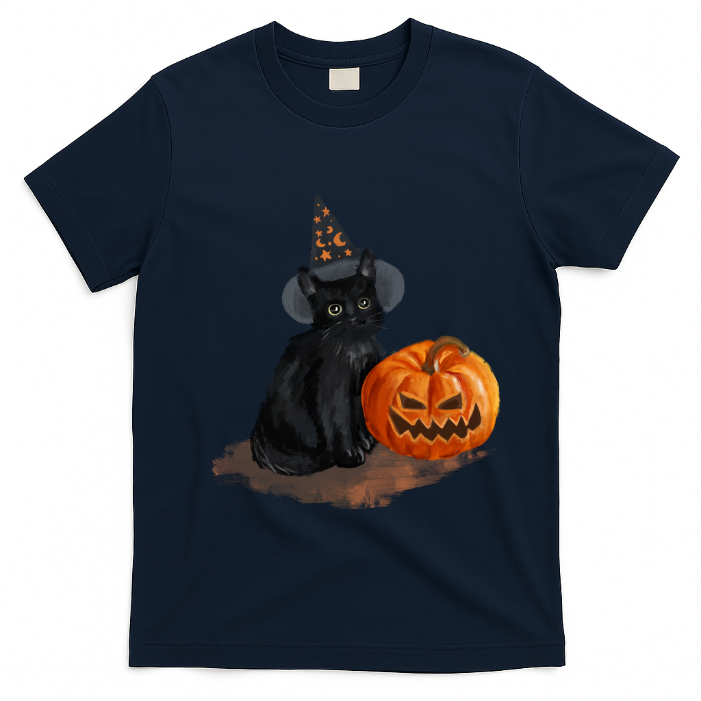 Halloween Pumpkin Black Cat T-Shirt - Navy Blue