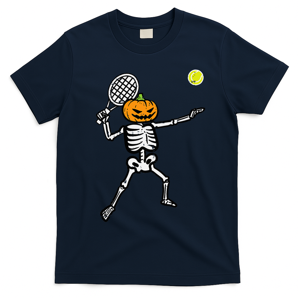 Halloween Pumpkin Skeleton Tennis Costume T-Shirt - Navy Blue
