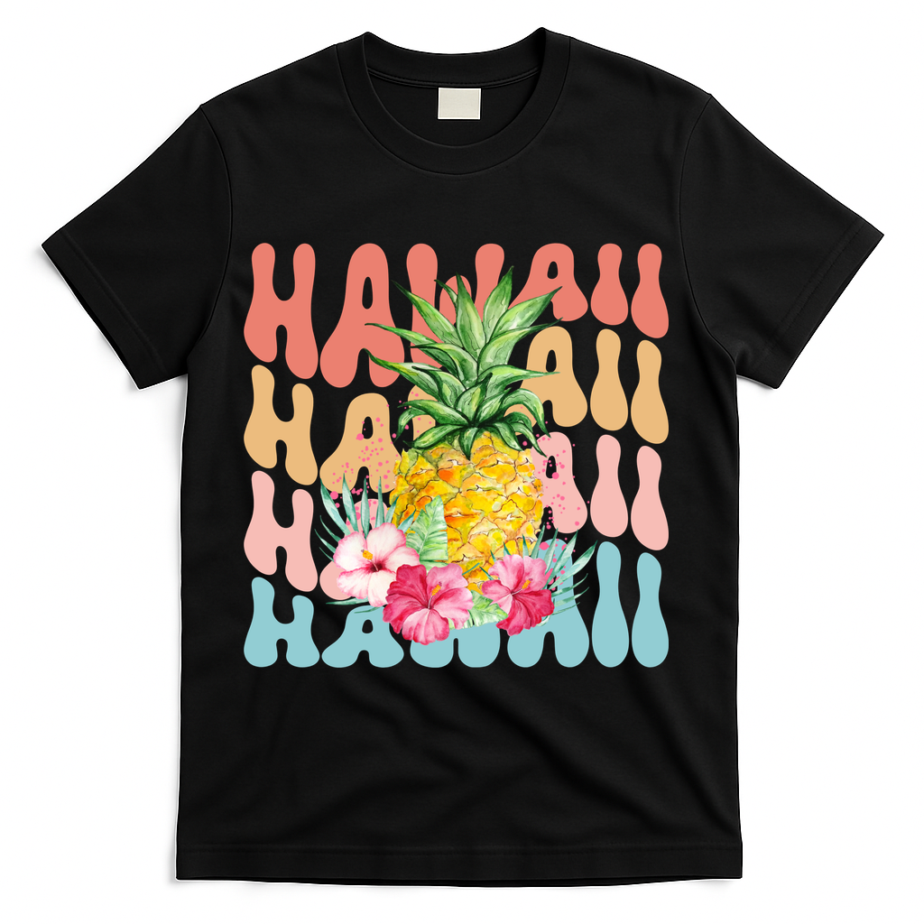 Hawaii Pineapple Summer Groovy Retro T-Shirt - Black