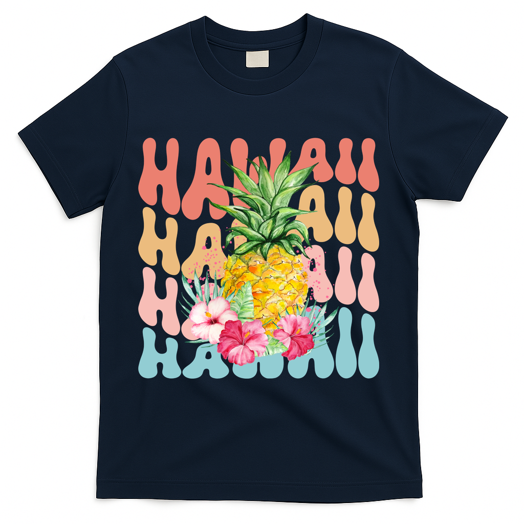 Hawaii Pineapple Summer Groovy Retro T-Shirt - Navy