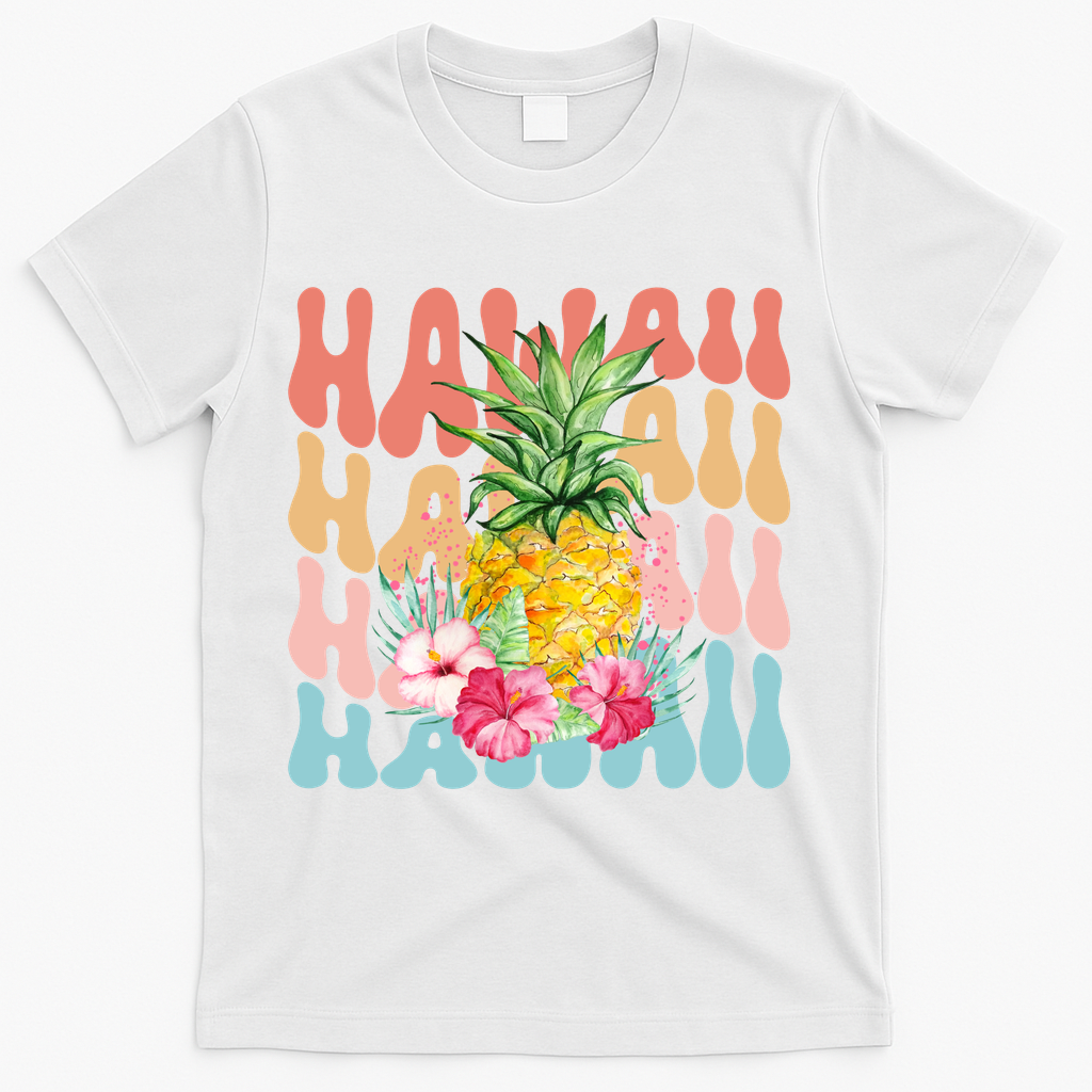 Hawaii Pineapple Summer Groovy Retro T-Shirt - White