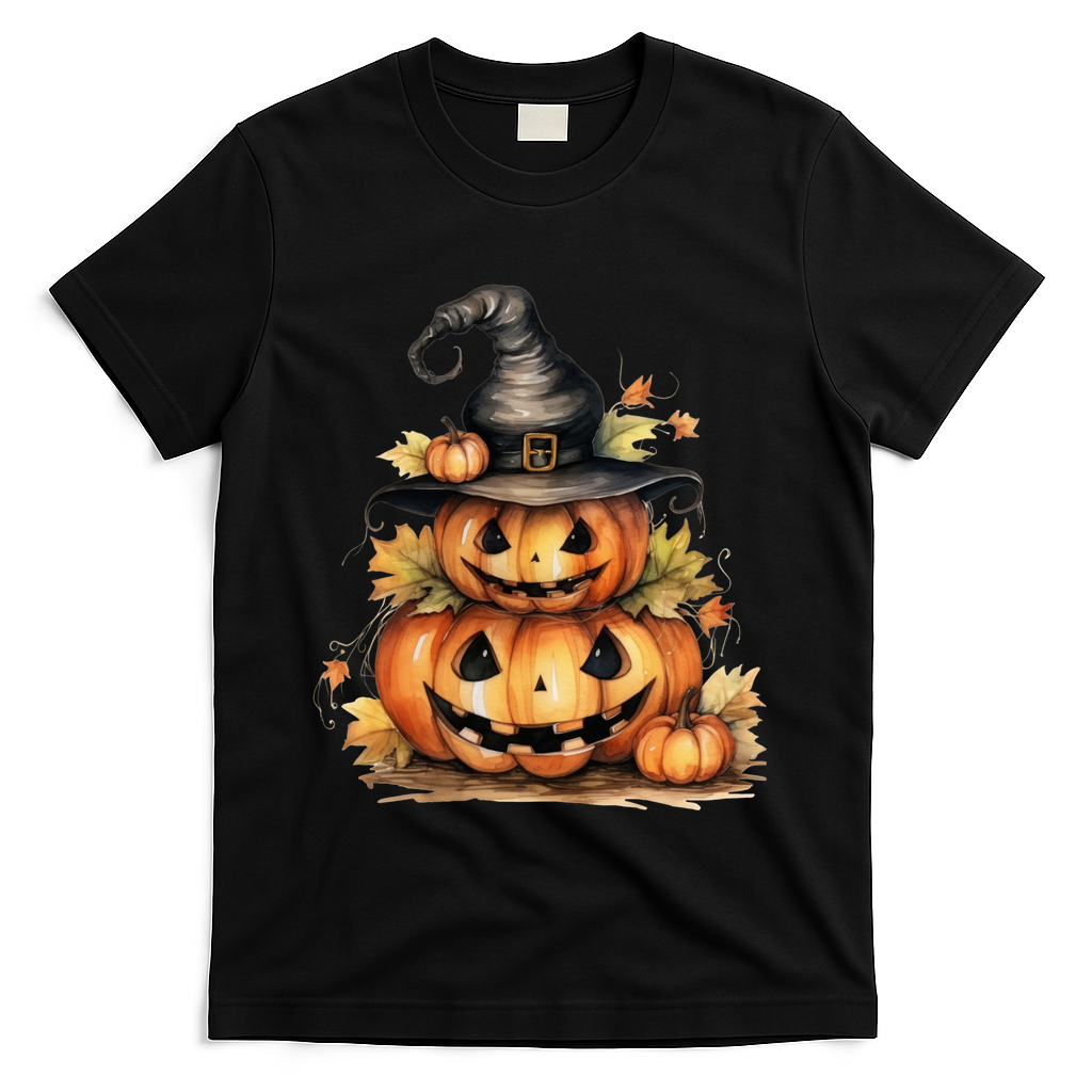 Halloween Pumpkin Witch Fall Autumn Illustration T-Shirt - Black
