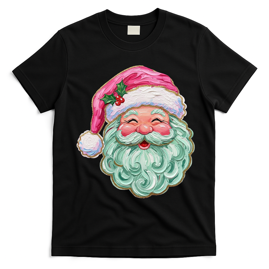 Hand-painted Retro Santa Claus Christmas Cute T-Shirt - Black