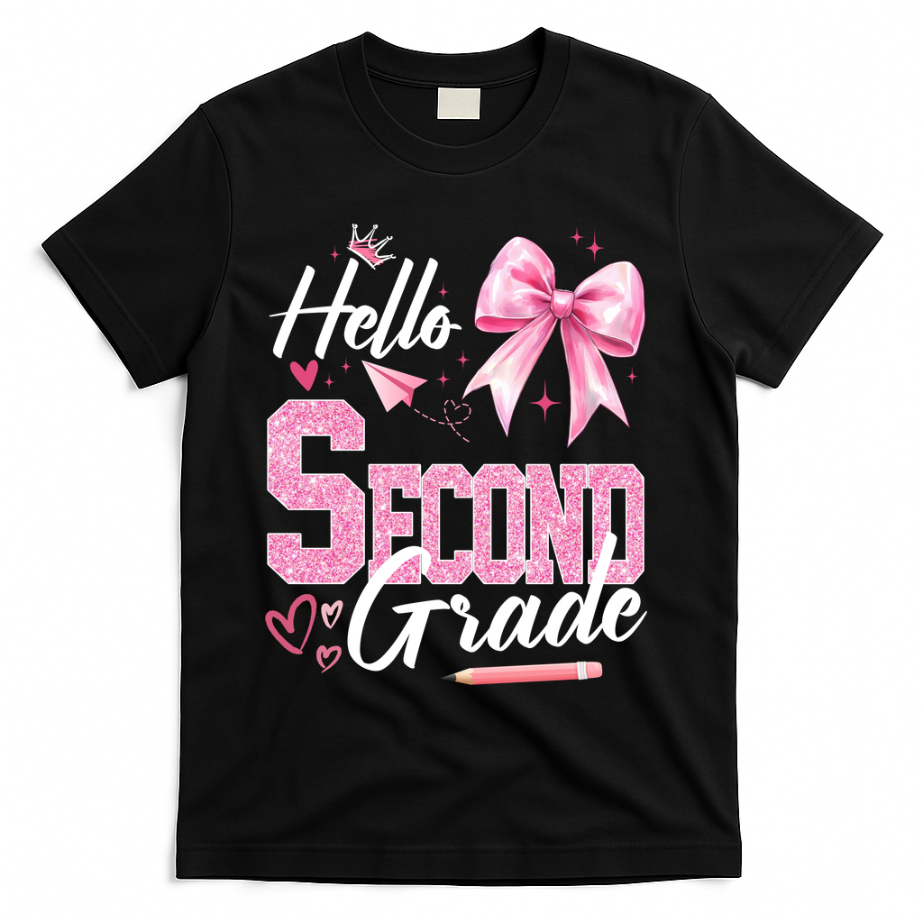 Hello Second 2nd Grade First Day Of School Coquette Teacher T-Shirt - Black