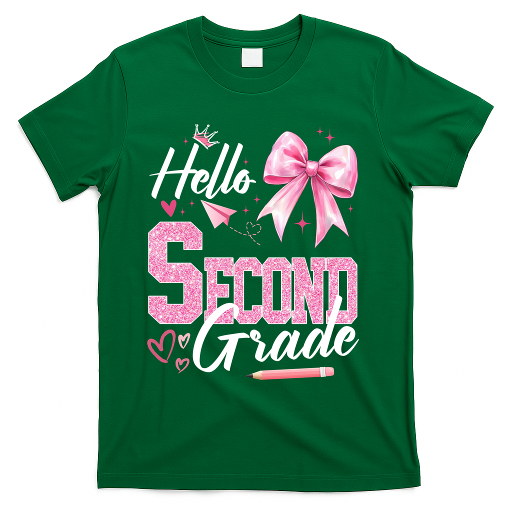 Hello Second 2nd Grade First Day Of School Coquette Teacher T-Shirt - Green