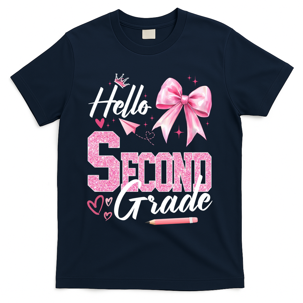 Hello Second 2nd Grade First Day Of School Coquette Teacher T-Shirt - Navy
