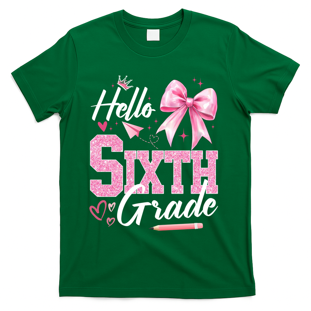 Hello Sixth 6th Grade First Day Of School Coquette Teacher Girl T-Shirt - Green