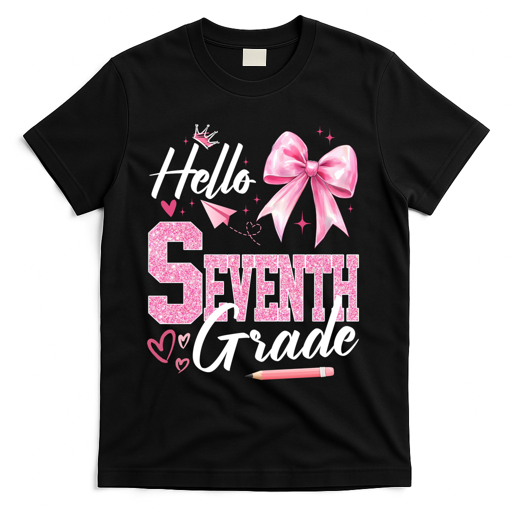 Hello Seventh 7th Grade First Day Of School Coquette Teacher T-Shirt - Black