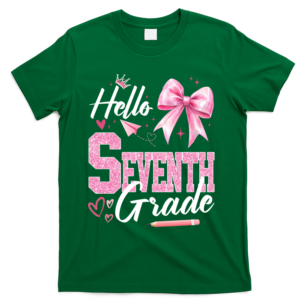 Hello Seventh 7th Grade First Day Of School Coquette Teacher T-Shirt - Green