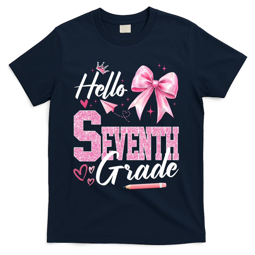 Hello Seventh 7th Grade First Day Of School Coquette Teacher T-Shirt - Navy