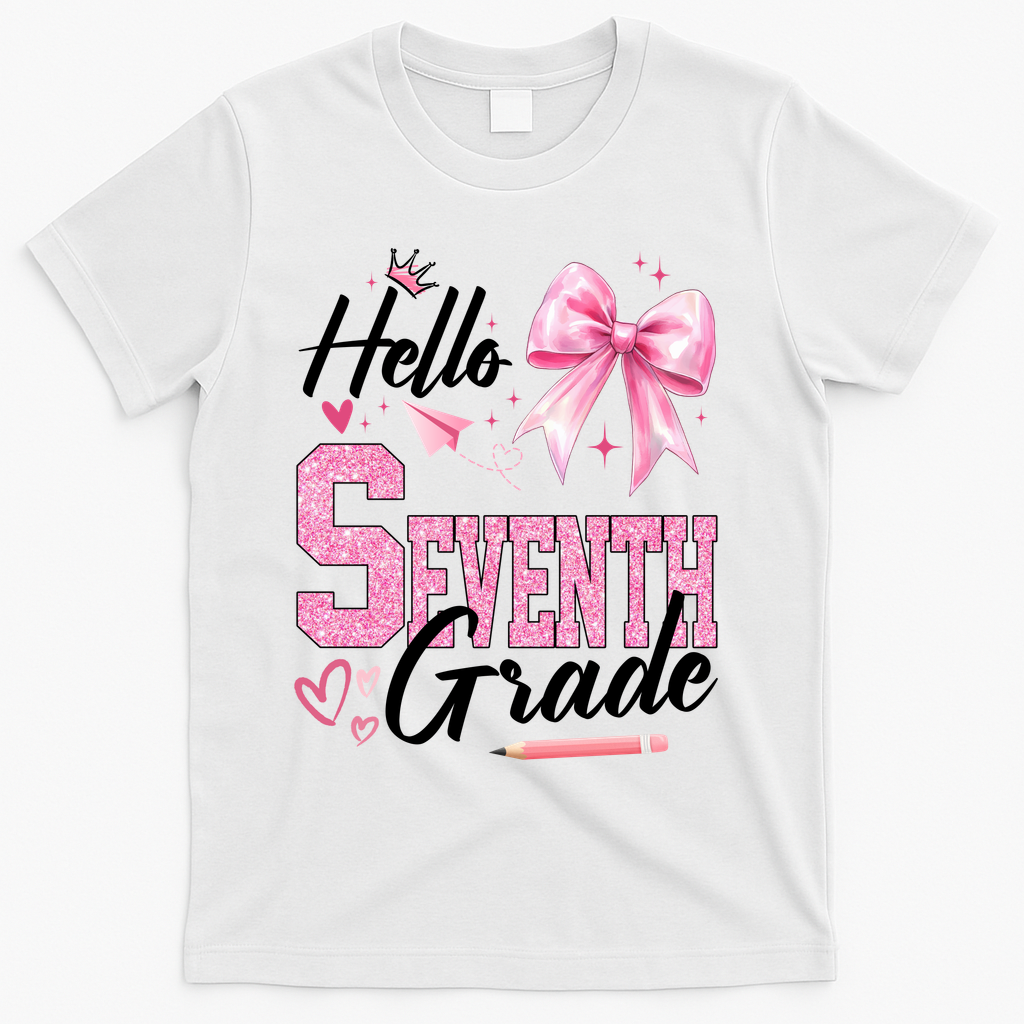 Hello Seventh 7th Grade First Day Of School Coquette Teacher T-Shirt - White