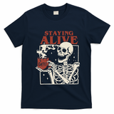 Halloween Staying Alive Skeleton Drink Coffee Funny Skeleton T-Shirt - Navy Blue
