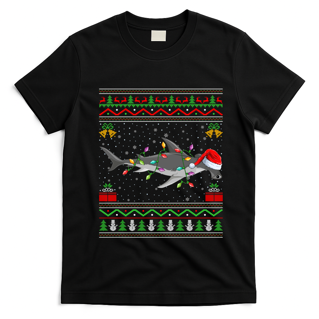 Hammerhead Shark Christmas Lights Santa Ugly Xmas Gift T-Shirt - Black