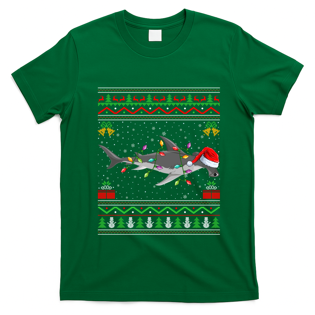Hammerhead Shark Christmas Lights Santa Ugly Xmas Gift T-Shirt - Irish Green