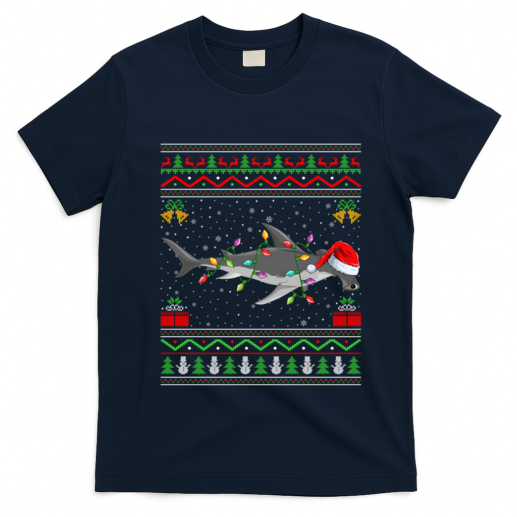 Hammerhead Shark Christmas Lights Santa Ugly Xmas Gift T-Shirt - Navy Blue