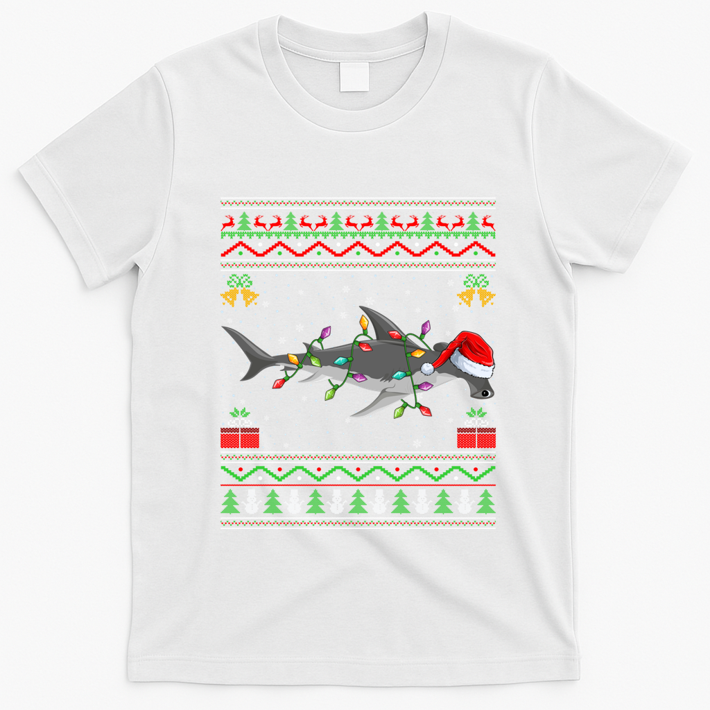 Hammerhead Shark Christmas Lights Santa Ugly Xmas Gift T-Shirt - White