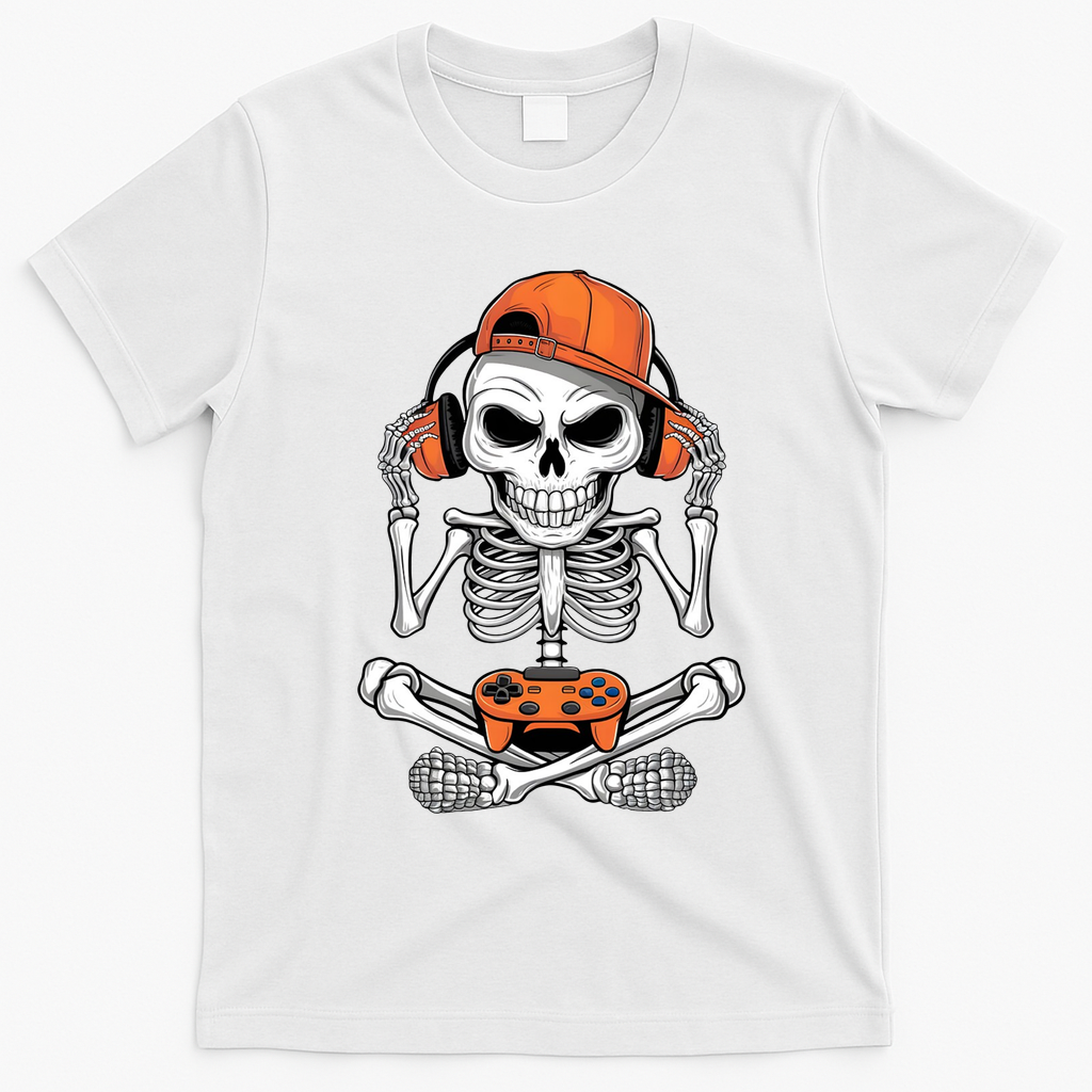 Halloween Skeleton Gamer Video Gaming T-Shirt - White