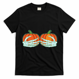 Halloween Skeleton Hand On Pumpkin Boob T-Shirt - Black