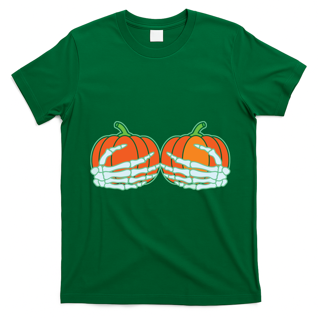 Halloween Skeleton Hand On Pumpkin Boob T-Shirt - Irish Green