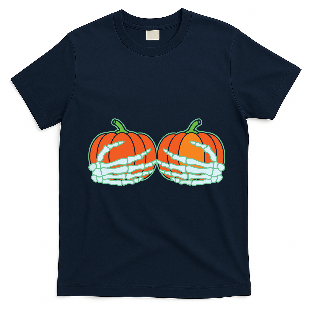 Halloween Skeleton Hand On Pumpkin Boob T-Shirt - Navy Blue