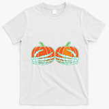 Halloween Skeleton Hand On Pumpkin Boob T-Shirt - White