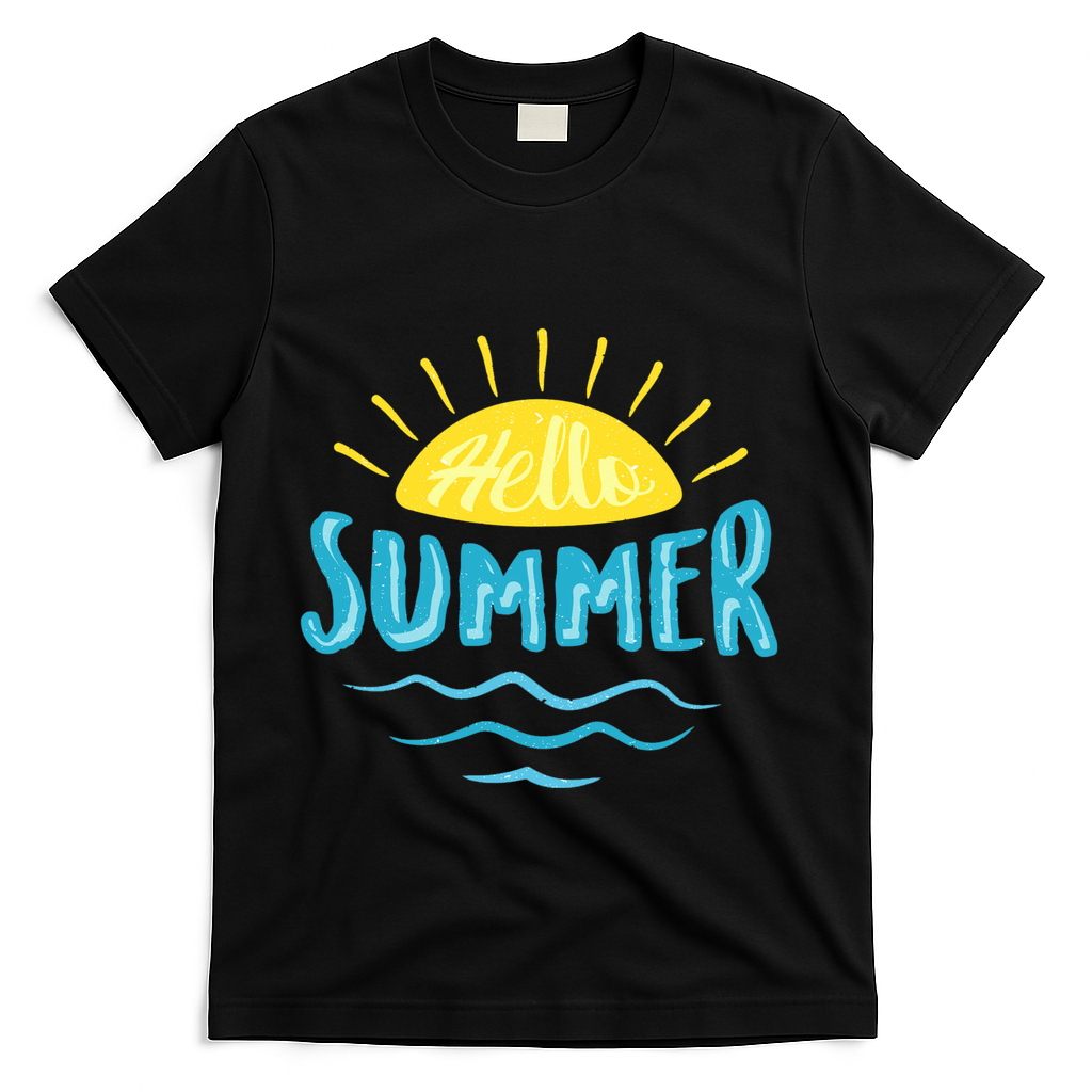 Hello Summer Sunset Ocean Wave T-Shirt - Black