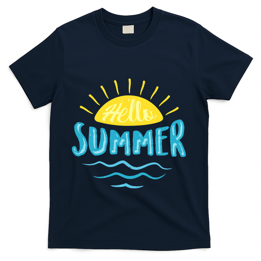 Hello Summer Sunset Ocean Wave T-Shirt - Navy