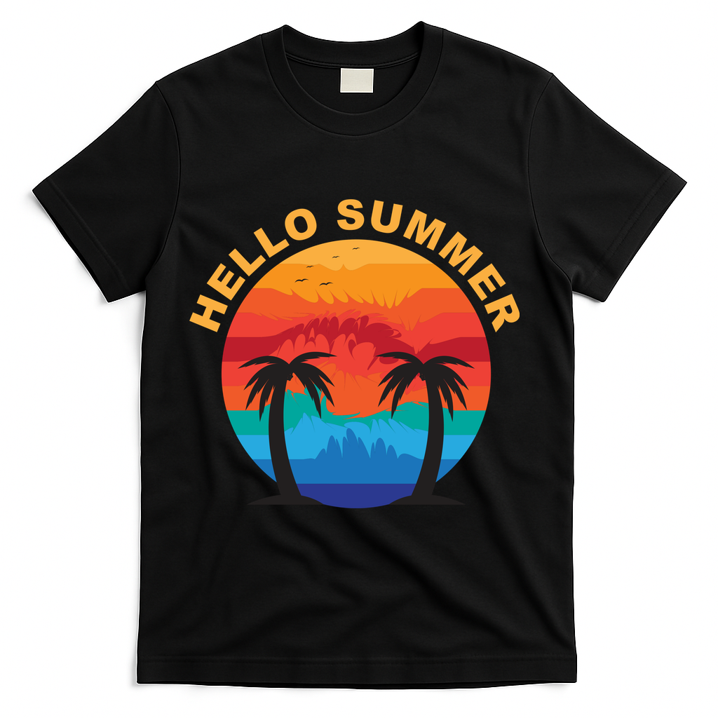 Hello Summer Tropical Sunset Beach T-Shirt - Black