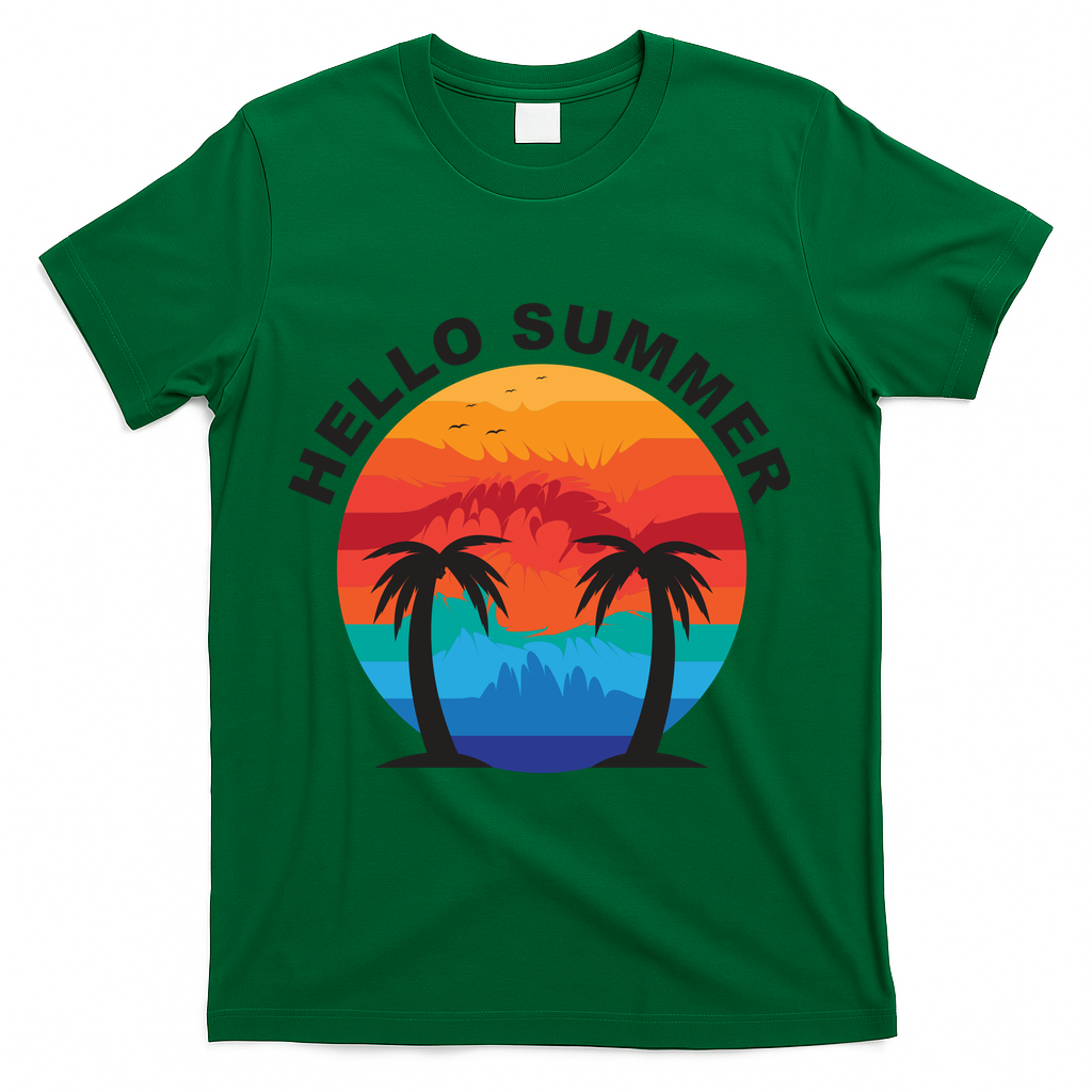 Hello Summer Tropical Sunset Beach T-Shirt - Green