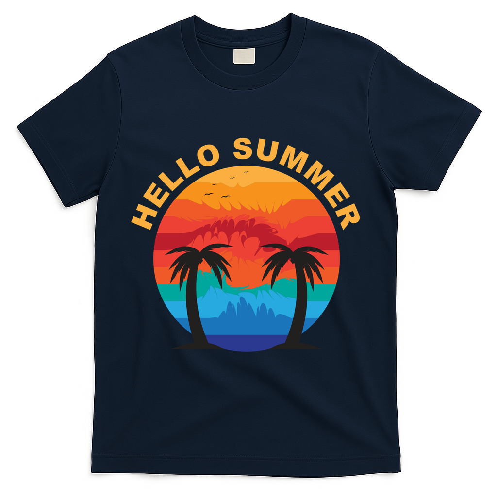 Hello Summer Tropical Sunset Beach T-Shirt - Navy