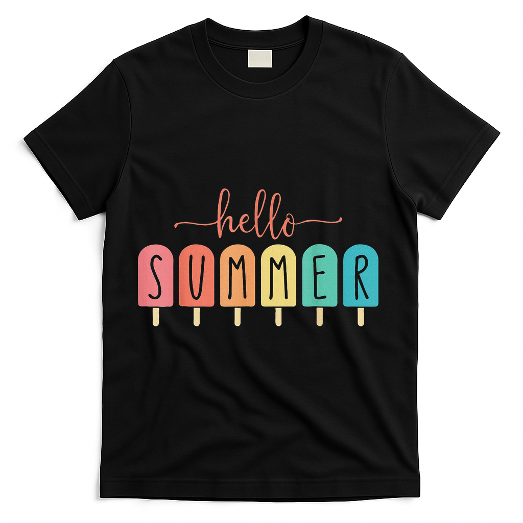 Hello Summer Vacation Ice Cream Popsicle Ice Lolly T-Shirt - Black