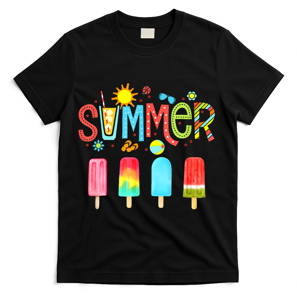 Hello Summer Vacation Ice Cream Popsicle Ice Lolly Gifts T-Shirt - Black