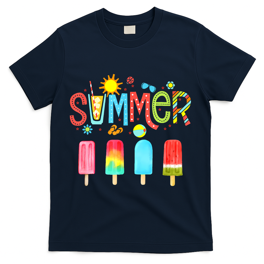 Hello Summer Vacation Ice Cream Popsicle Ice Lolly Gifts T-Shirt - Navy