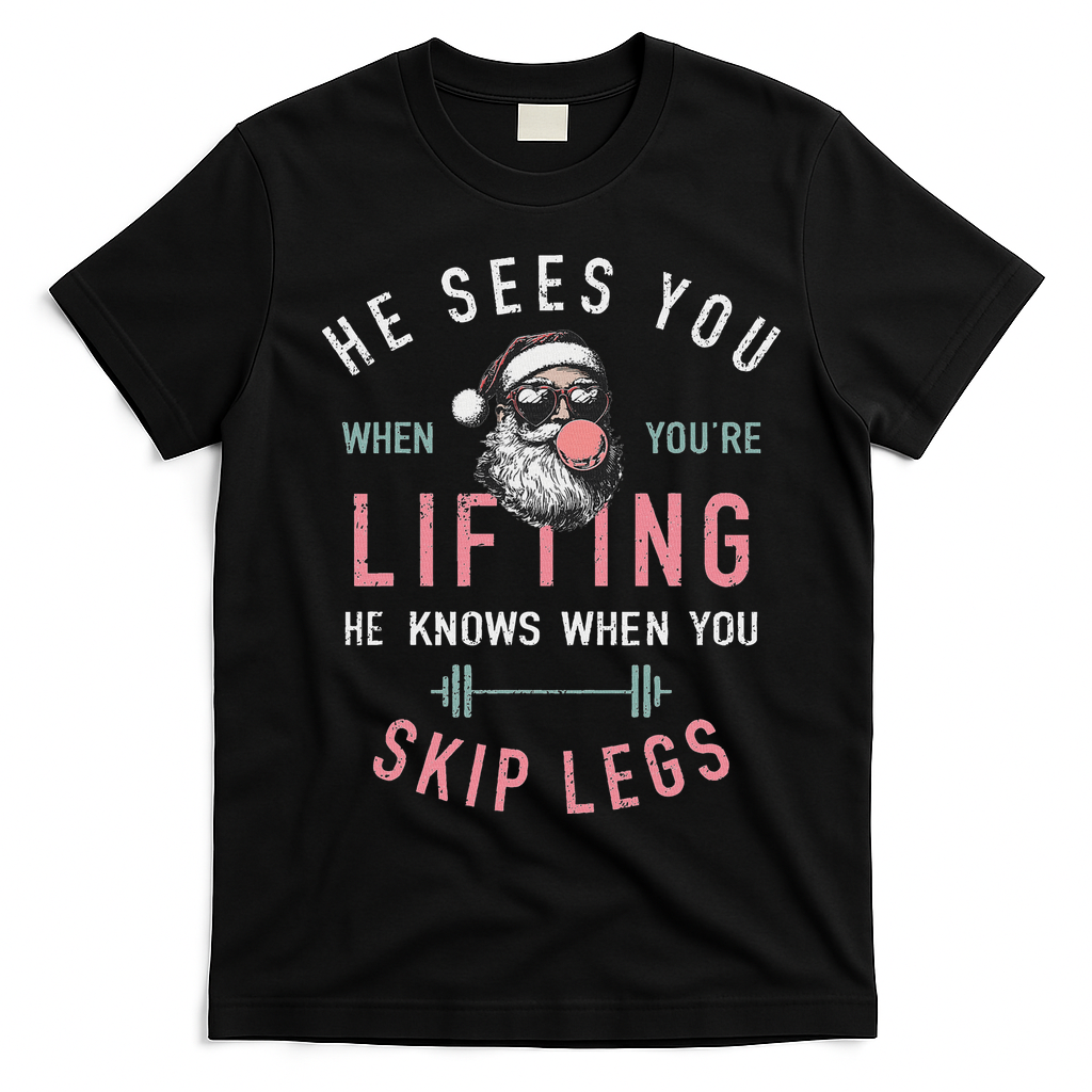 He Sees You When YouRe Lifting Skip Legs Santa Christmas T-Shirt - Black