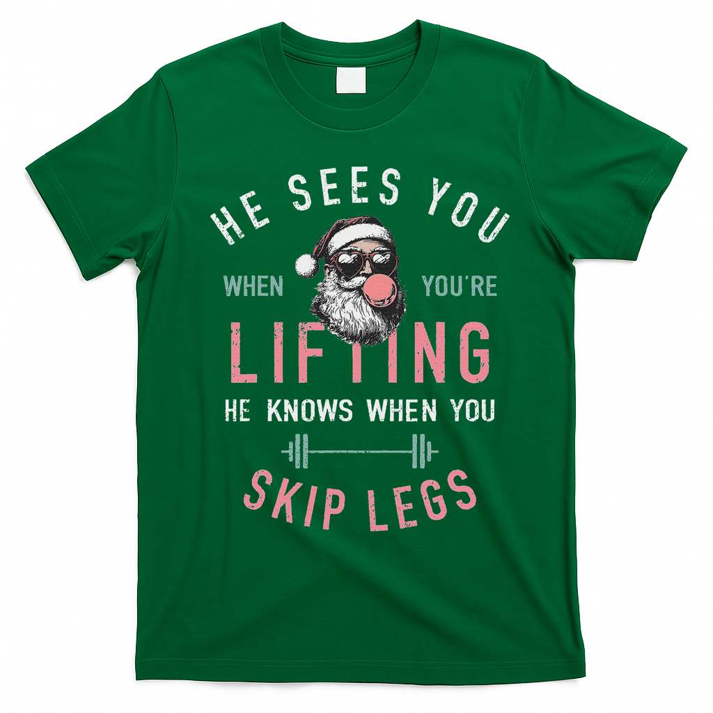 He Sees You When YouRe Lifting Skip Legs Santa Christmas T-Shirt - Irish Green