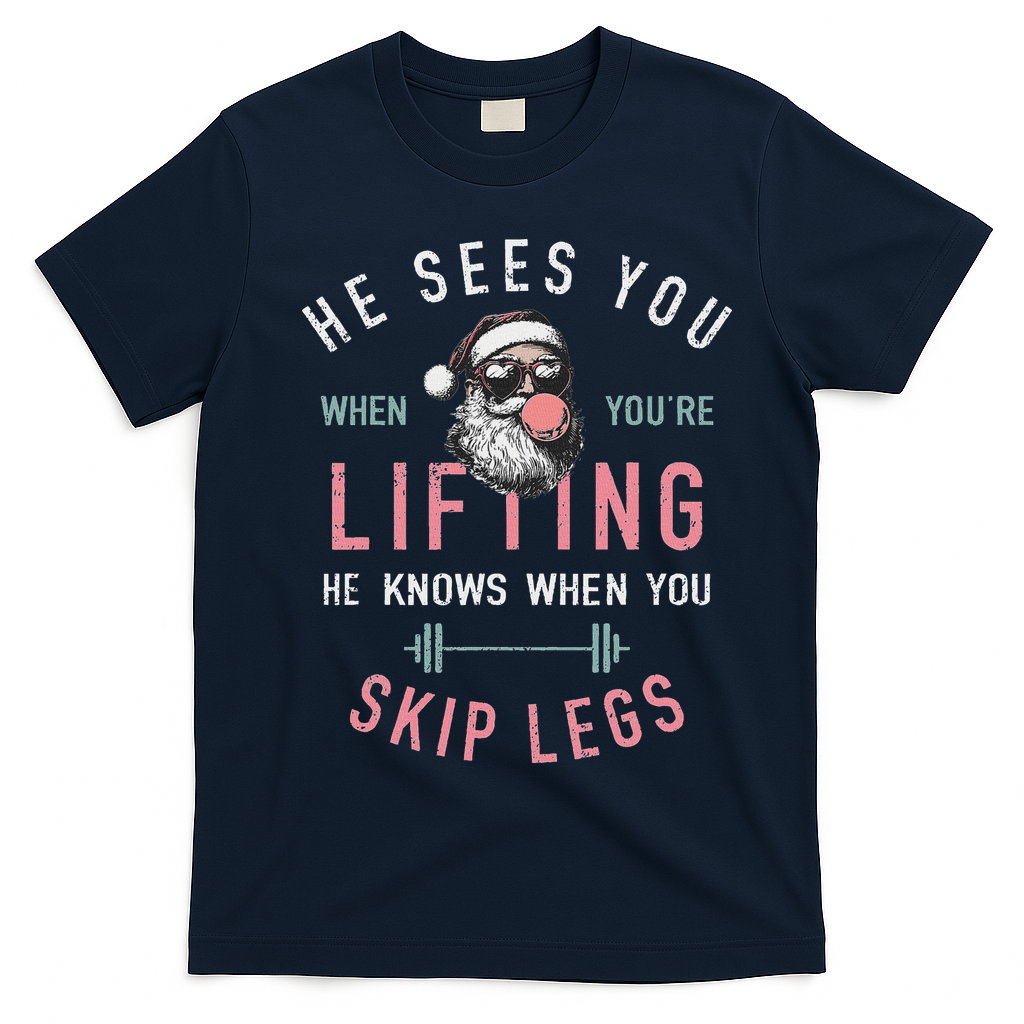 He Sees You When YouRe Lifting Skip Legs Santa Christmas T-Shirt - Navy Blue