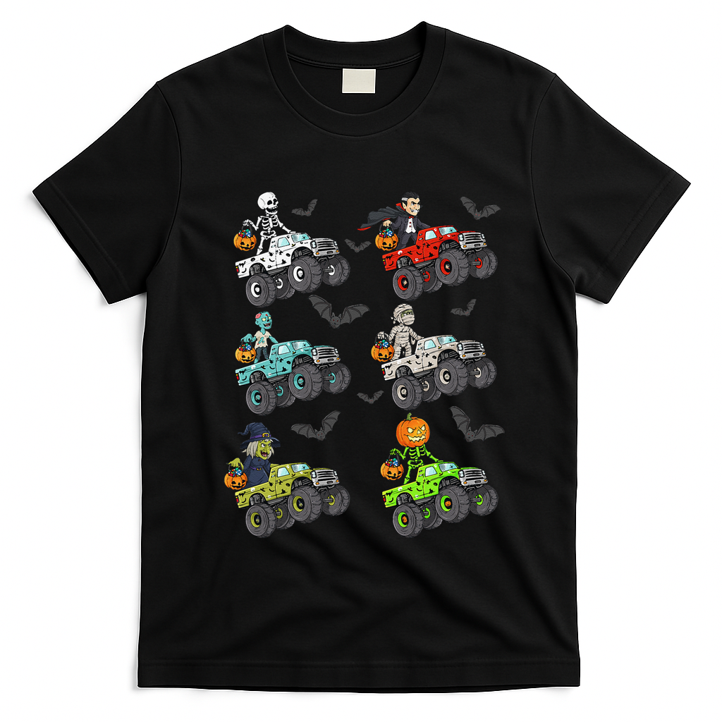 Halloween Skeleton Zombie Riding Monster Truck Vampire T-Shirt - Black