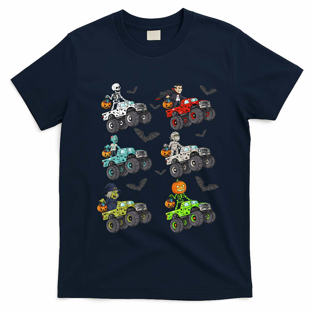 Halloween Skeleton Zombie Riding Monster Truck Vampire T-Shirt - Navy Blue