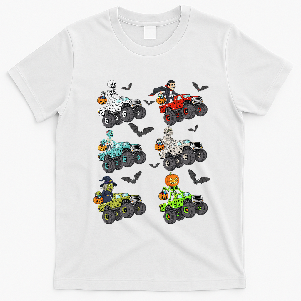 Halloween Skeleton Zombie Riding Monster Truck Vampire T-Shirt - White