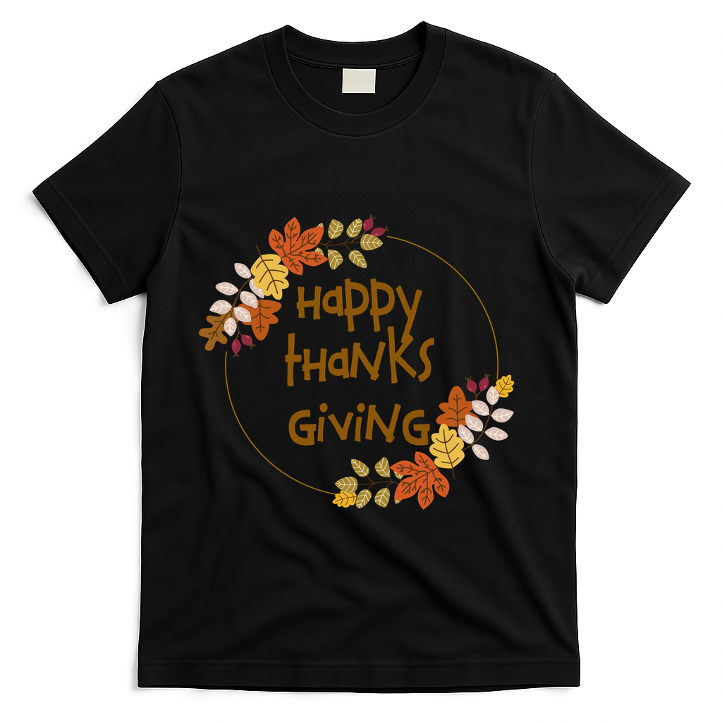 Happy Thanksgiving Fall Leaves Holiday Gift T-Shirt - Black