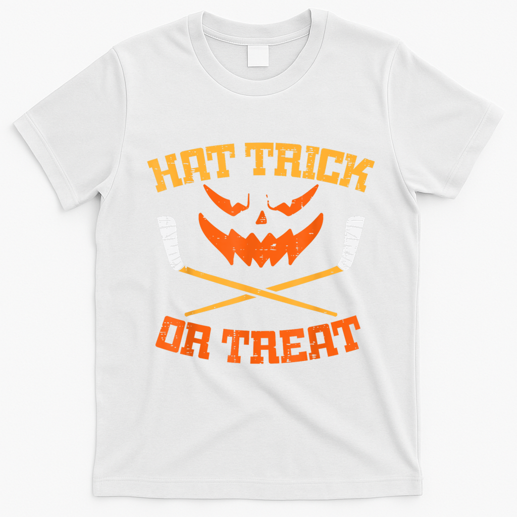 Hat Trick Or Treat Ice Hockey Halloween Boy Player Coach T-Shirt - White