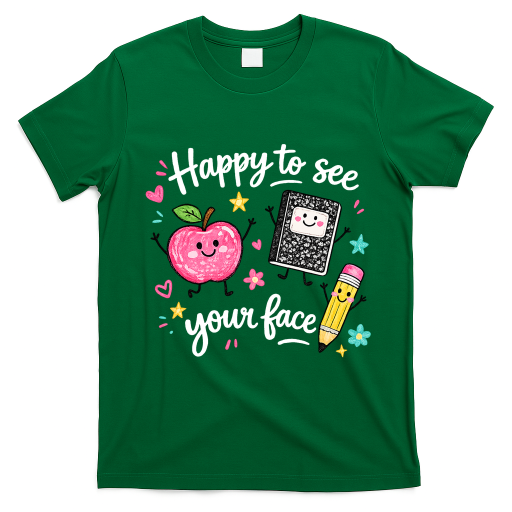 Happy To See Your Face Teacher School T-Shirt - Irish Green