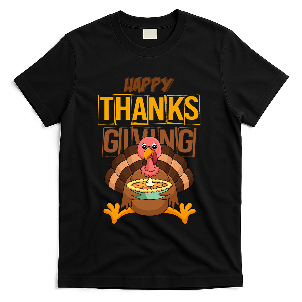 Happy Thanksgiving Turkey Pie Holiday T-Shirt - Black