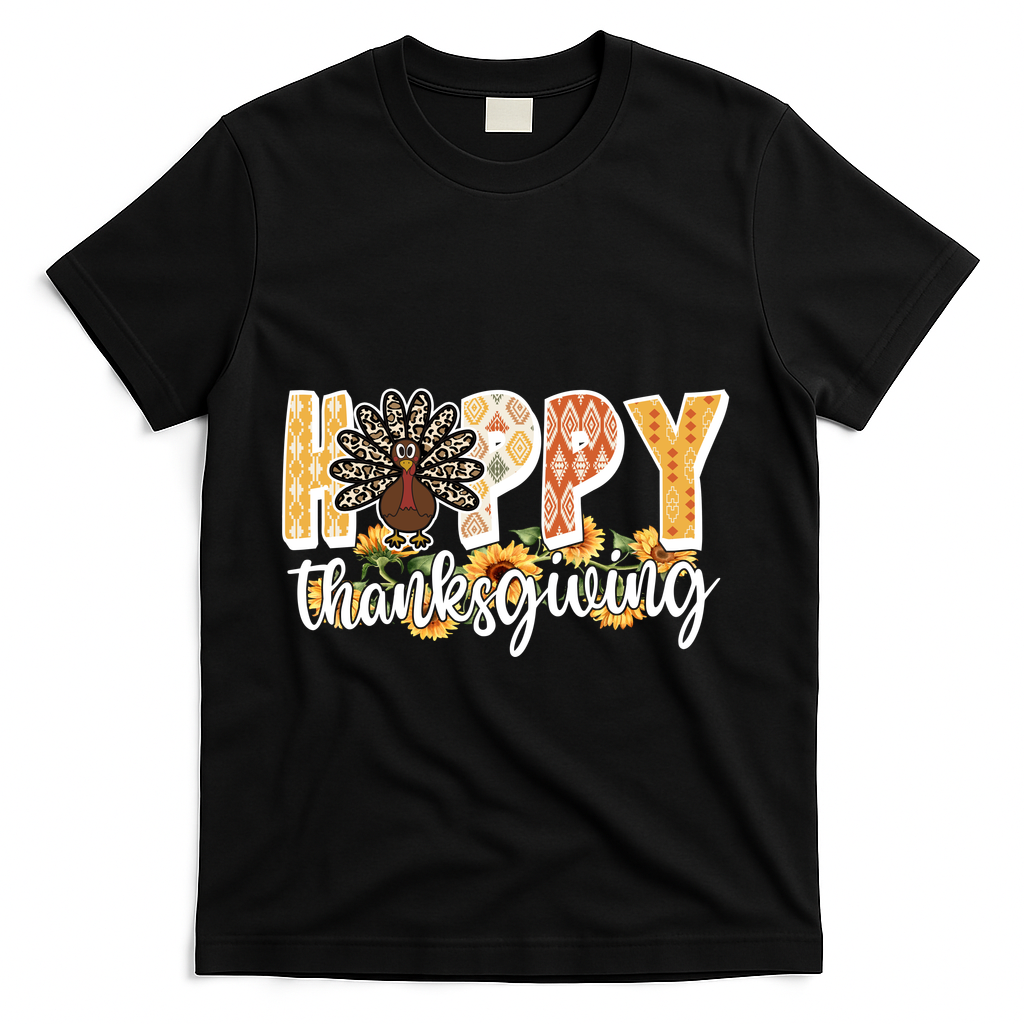 Happy Thanksgiving Turkey Cute Holiday T-Shirt - Black