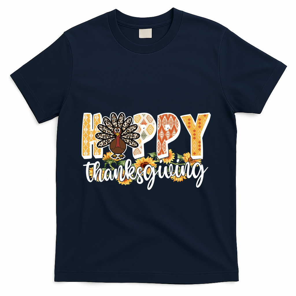 Happy Thanksgiving Turkey Cute Holiday T-Shirt - Navy