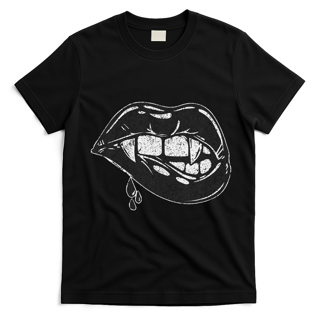 Halloween Vampire Fangs Female Lips Blood T-Shirt - Black