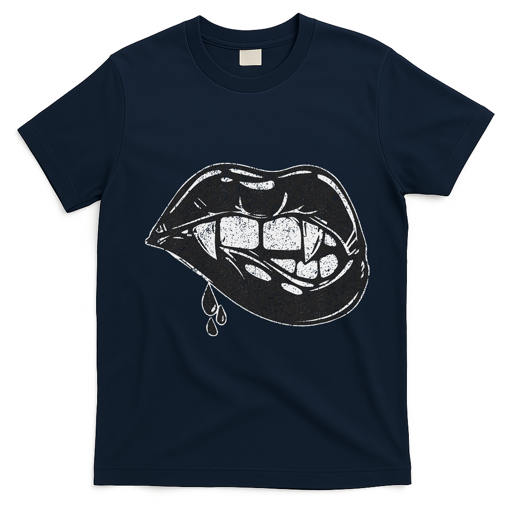 Halloween Vampire Fangs Female Lips Blood T-Shirt - Navy Blue