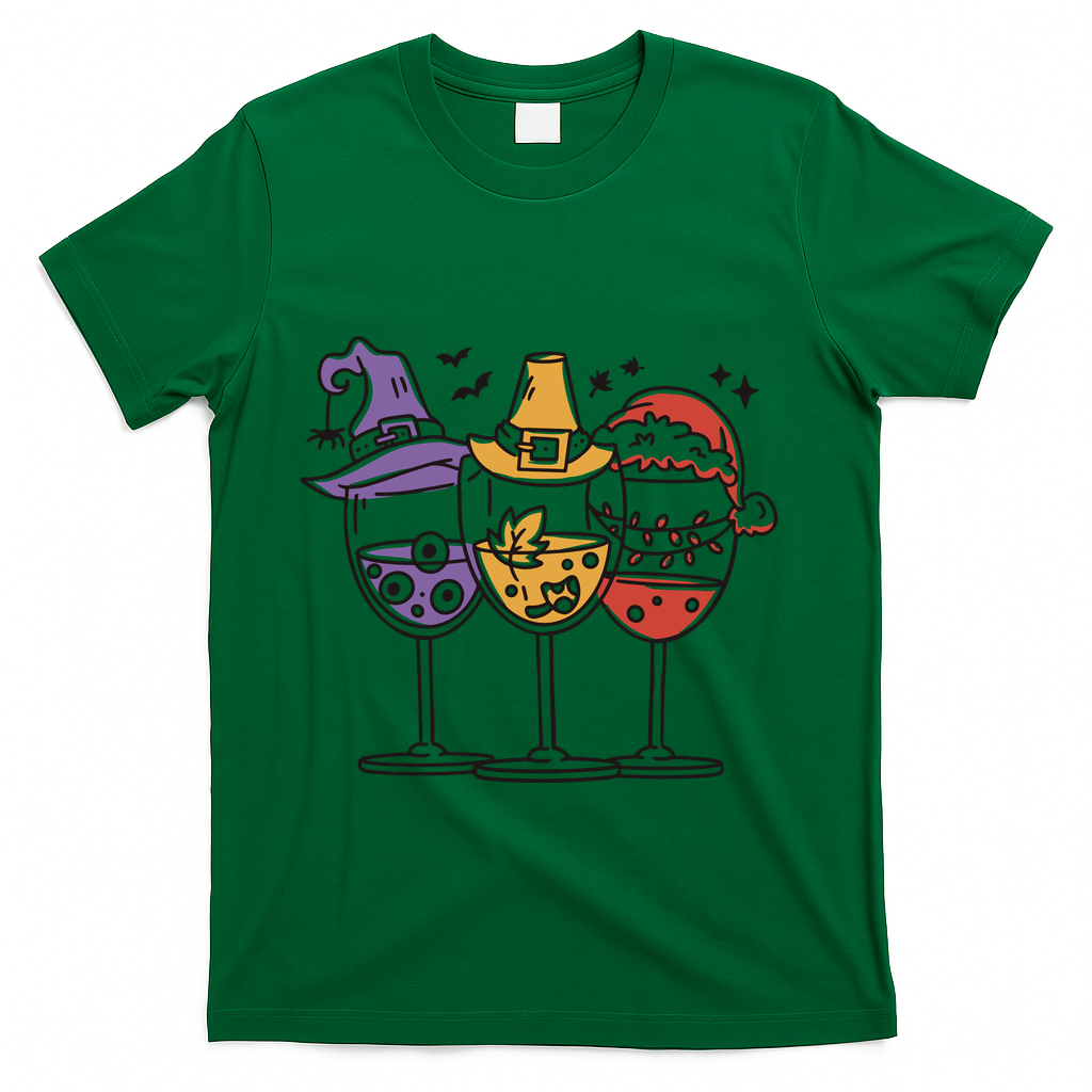 Holidays Wine Glasses Festive T-Shirt - Green