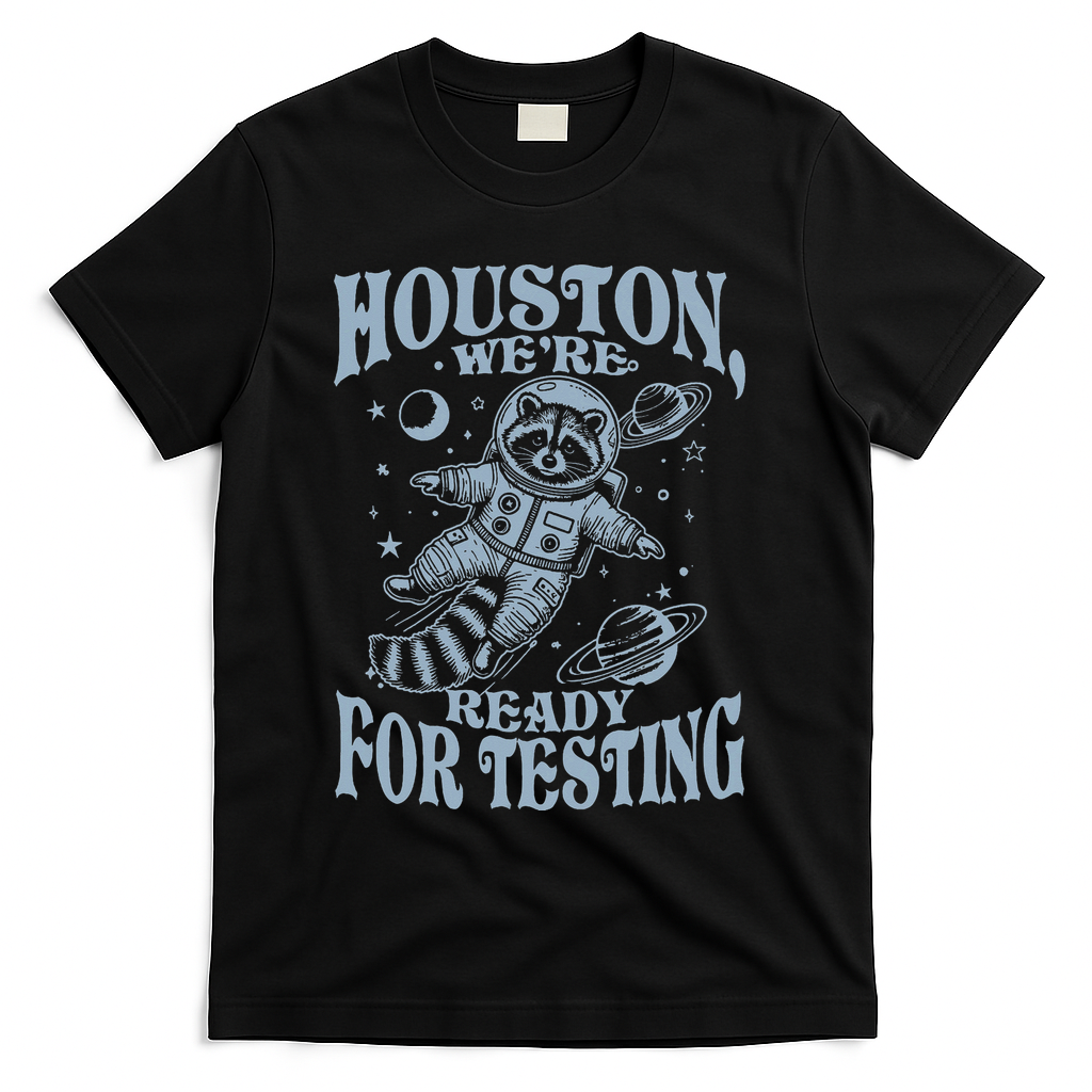 Houston We're Ready For Testing Teacher Racoon Astronaut T-Shirt - Black