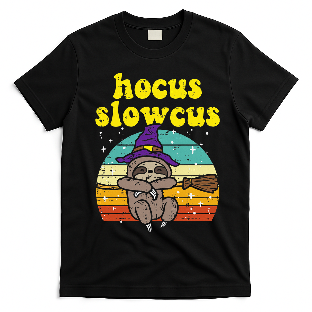 Halloween Witch Sloth Retro Animal Print Adorable and Magical T-Shirt - Black